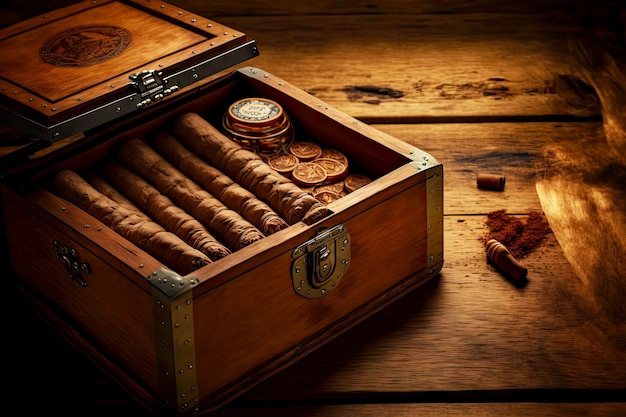 Scatola di sigari di legno antica sulla vecchia tavola di legno