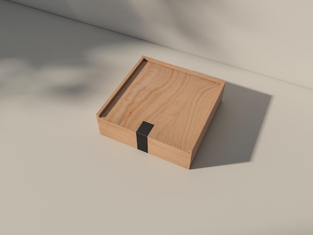 Scatola in compensato di legno Mockup con etichetta adesiva nera su tavolo bianco con ombre. rendering 3D