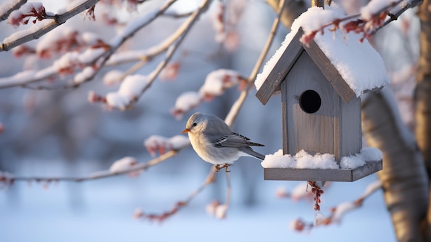 Scatola per uccelli sotto la neve durante l'inverno