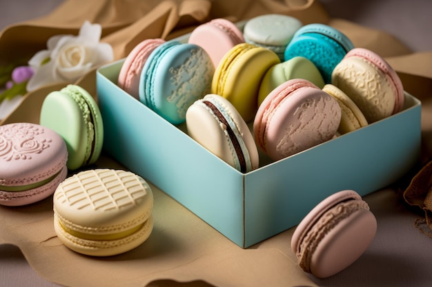 Scatola piena di macaron colorati seduti in cima al tavolo IA generativa