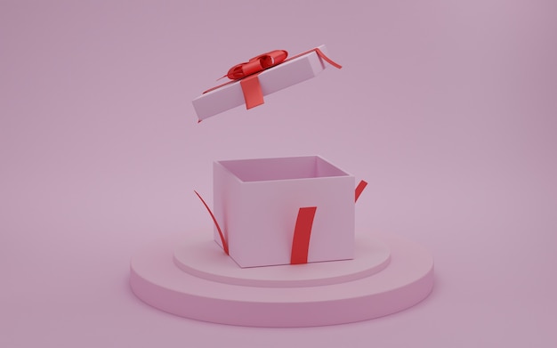 Scatola regalo aperta con nastro rosso sul podio della presentazione con sfondo di colore rosa, concetto di giorno di San Valentino, rendering 3D