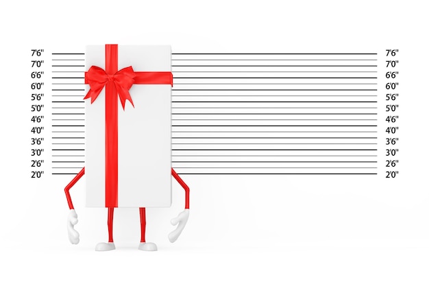 Scatola regalo bianca e mascotte del carattere del nastro rosso davanti all'allineamento della polizia o al primo piano estremo del fondo della foto segnaletica. Rendering 3D