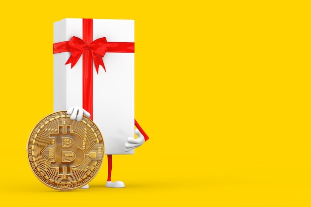 Scatola regalo bianca e mascotte del personaggio del nastro rosso con moneta Bitcoin dorata e criptovaluta su sfondo giallo. Rendering 3D