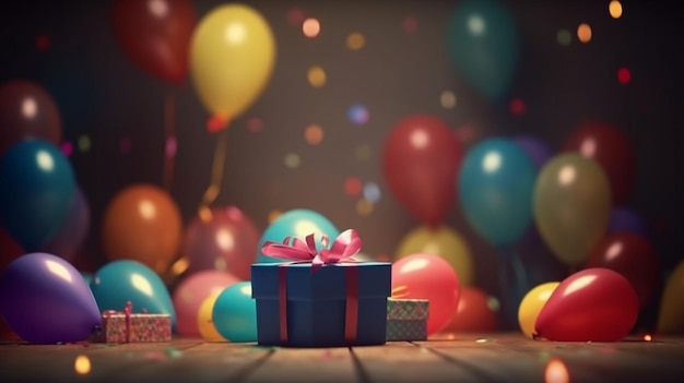 Scatola regalo colorata con palloncini sullo sfondo