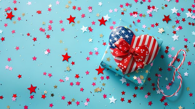 Scatola regalo con bandiera americana e confetti su sfondo colorato
