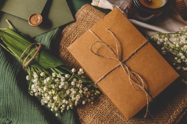 Scatola regalo con gigli della valle tè e candela estetica