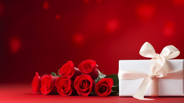 scatola regalo con nastro rosso e fiori su sfondo rosso