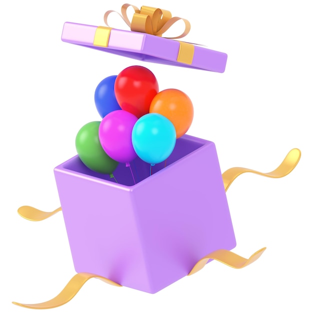 Scatola regalo con palloncini che spuntano per la celebrazione del compleanno
