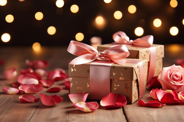 Scatola regalo con petali di rosa su un tavolo di legno contro luci sfocate