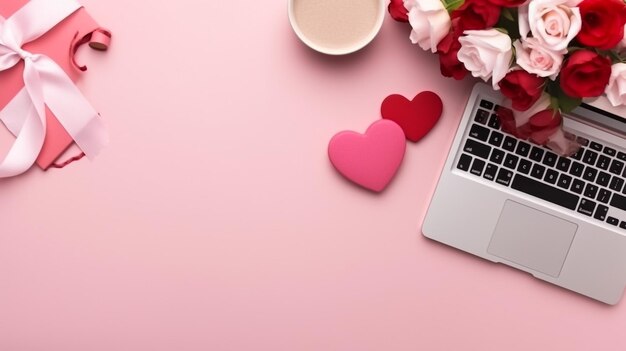 Scatola regalo con rosa d'amore e tastiera di computer su sfondo bianco rosa