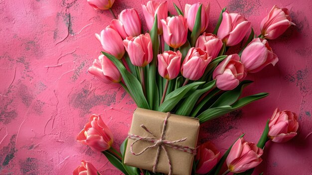 Scatola regalo con tulipani e fiori rosa su uno spazio di copia sullo sfondo rosa.