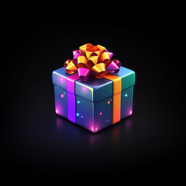 scatola regalo di colori vivaci con un arco su uno sfondo nero generativo ai