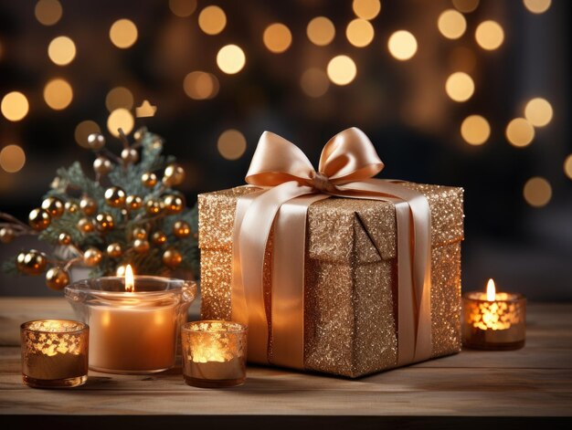 Scatola regalo di Natale con candele accese su un tavolo di legno sullo sfondo bokeh