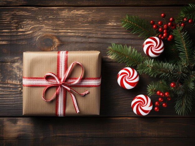 Scatola regalo di Natale con nastro rosso e bastoncini di caramelle su sfondo di legno