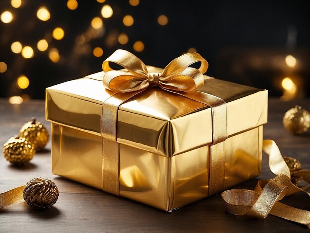 Scatola regalo dorata con nastro dorato e palle di Natale su sfondo scuro