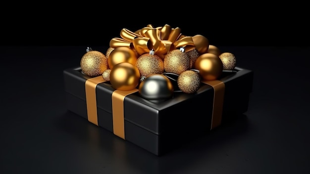 Scatola regalo dorata con palle di Natale su sfondo nero Generative Ai