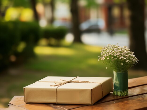 Scatola regalo e bouquet di fiori di camomilla sul tavolo