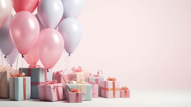 scatola regalo e palloncini su uno sfondo bianco in colori pastello