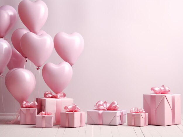 Scatola regalo e palloncini sullo sfondo rosa modello di concetto di celebrazione