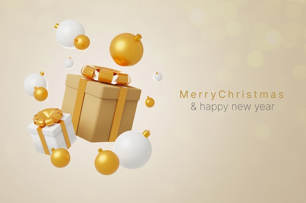 Scatola regalo festiva bianca e oro con palla di natale in oro e bianco 3d rendering illustrazione