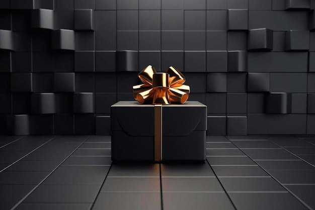 Scatola regalo nera con nastro dorato isolata su sfondo nero illustrazione 3D di scatola regalo nero con nastro d'oro AI generativa