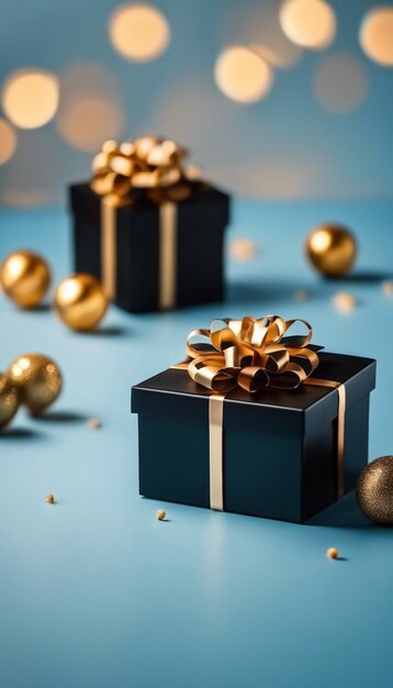 scatola regalo nera su uno sfondo blu semplice