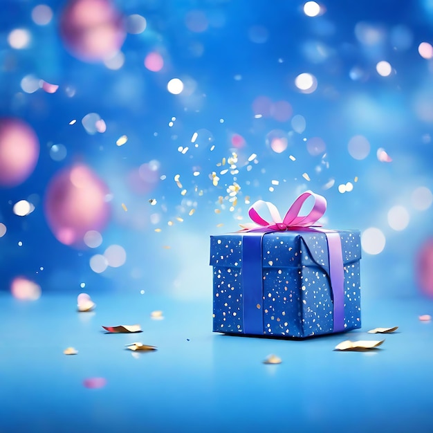 Scatola regalo o regalo e confetti volanti contro sfondo bokeh blu generativo ai