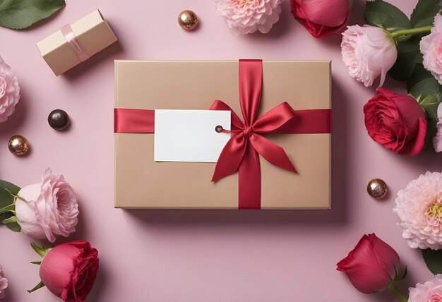 scatola regalo per la festa delle madri con rose rosa e etichetta regalo su sfondo rosa