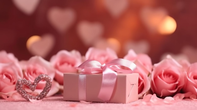 Scatola regalo rosa con arco e un bouquet di rose su uno sfondo rosa con cuori AI generativa