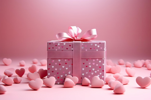 Scatola regalo rosa con nastro d'oro e cuori di palloncini su sfondo rosa pastello di generative ai