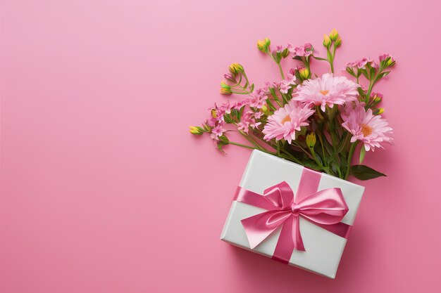 Scatola regalo rosa e fiori adornano lo sfondo della Festa della Madre