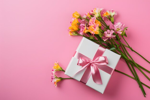 Scatola regalo rosa e fiori adornano lo sfondo della Festa della Madre