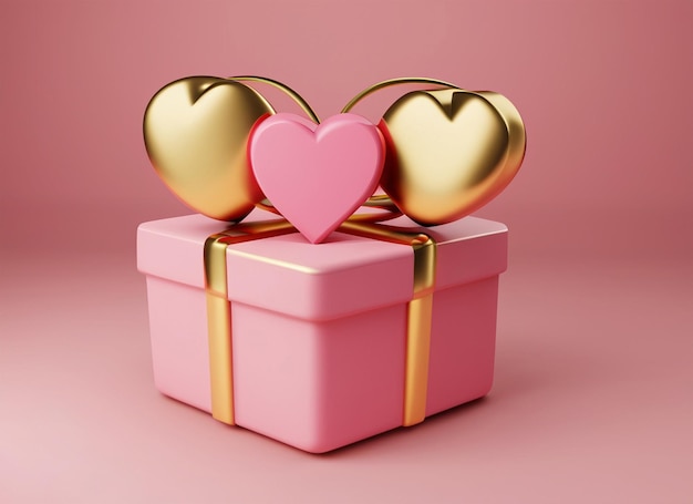 scatola regalo rosa e oro con l'icona del cuore d'amore rendering 3D