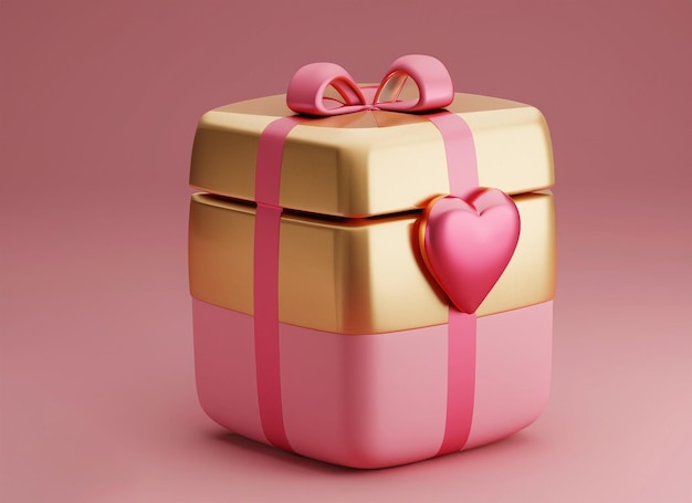 scatola regalo rosa e oro con l'icona del cuore d'amore rendering 3D