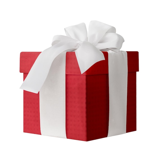 Scatola regalo rossa con arco bianco su sfondo bianco