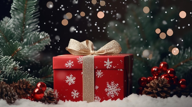 Scatola regalo rossa con nastro d'oro è sotto l'albero di Natale Bokeh luce incandescente