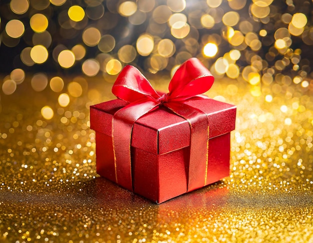 scatola regalo rossa con nastro d'oro sulla neve su sfondo di luci bokeh