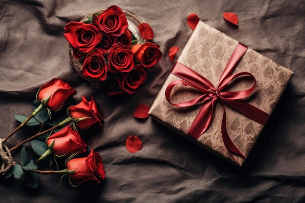 Scatola regalo rossa e bouquet di rose rosse per il giorno di San Valentino biglietto di auguri generativo ai