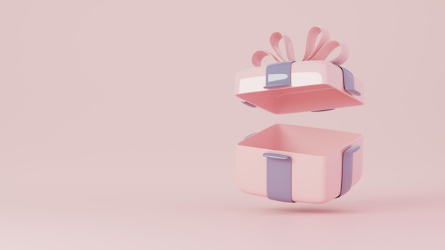 Scatola regalo vuota quadrata aperta su podio rosa lucido con spazio di copia Rendering 3D