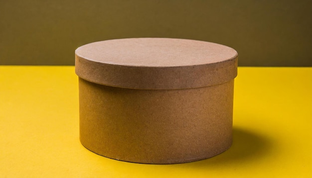 Scatola rotonda di cartone marrone su tavolo giallo Mock up Imballaggio per la consegna Imballaggio ecologico