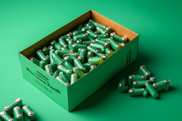 Scatola verde con batterie AAA su sfondo verde rifiuti separati generati dall'intelligenza artificiale