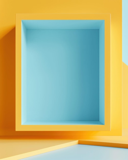 Scatola vuota su sfondo giallo e blu con parete blu in arte concettuale 3D