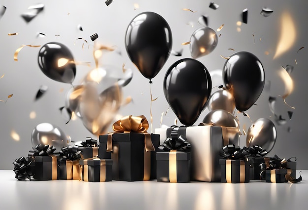 Scatole con regali, palloncini e coriandoli sul concetto festivo di sfondo per il compleanno o il nero