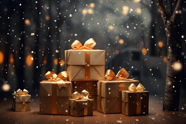 Scatole da regalo dorate sullo sfondo festivo di Natale