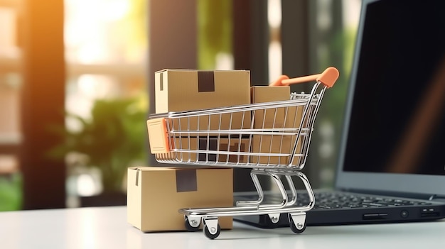 scatole di carta pacco in un carrello carrello su laptop nello shopping concetto online