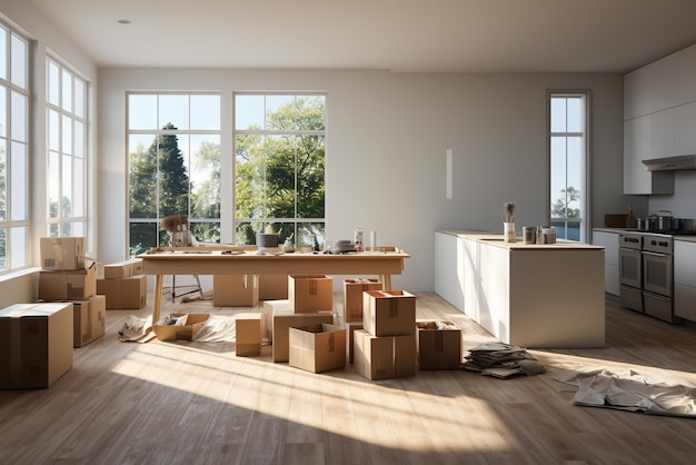 scatole di cartone con articoli per la casa in una moderna cucina della casa concetto di trasloco