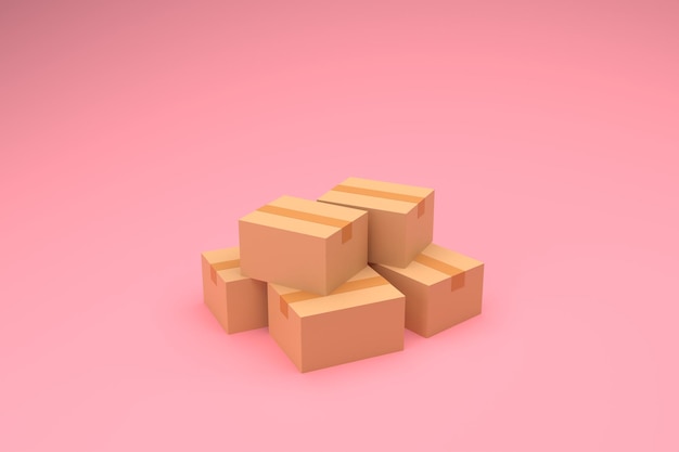 Scatole di cartone su sfondo rosa Logistica e concetto di consegna Rendering 3D