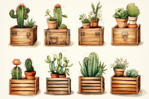 scatole di legno clipart cactus rustico acquerello sfondo bianco