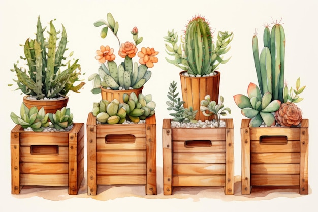 scatole di legno clipart cactus rustico acquerello sfondo bianco