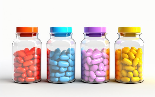 scatole di medicina in plastica con farmaci in stile 3d su sfondo bianco